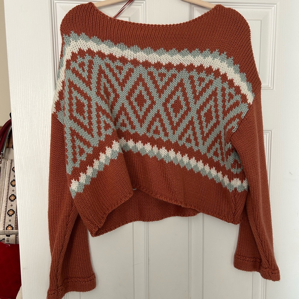 Altar'd State Rust Orange & Cream Geometric Knit Sweater